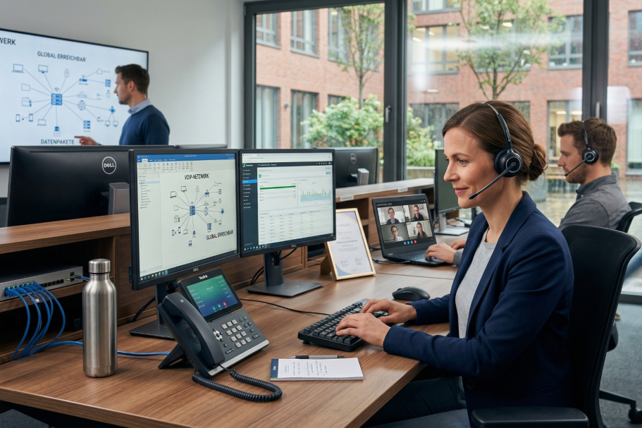 Frau mit Headset am Computer, im Hintergrund Präsentation und andere Personen im Büro.