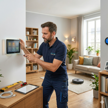 Ein professioneller Handwerker installiert ein Smart-Home-Display an einer Wand in einem modern eingerichteten Wohnzimmer.