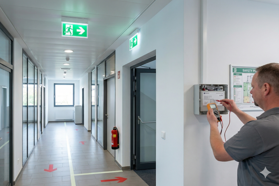 Mann bedient ein Kontrollterminal in einem hellen, modernen Flur mit Notausgangsschildern.