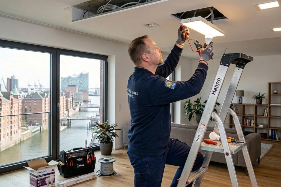 Zwei Elektriker installieren eine Wärmepumpe neben einem modernen Wohnhaus.