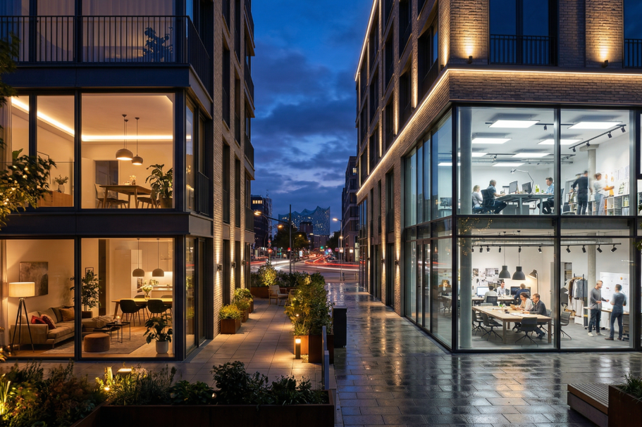 Modern Gebäude bei Nacht mit beleuchteten Büros und Wohnraum.