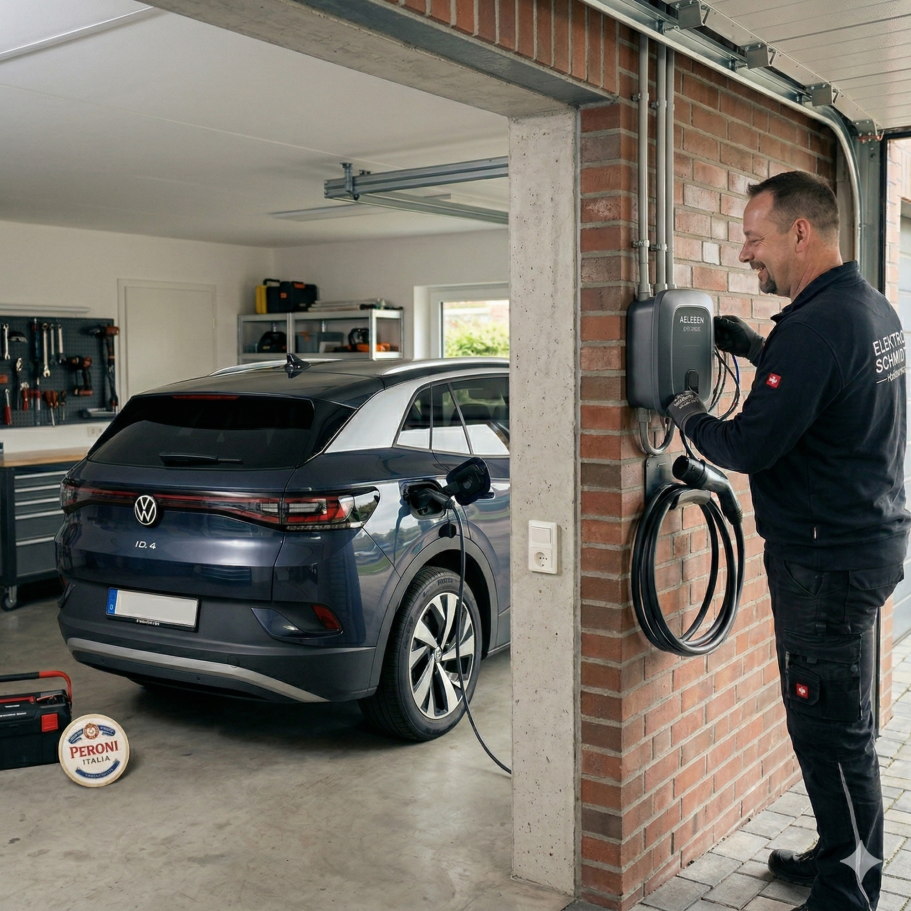 Ein Mann installiert eine Ladestation für ein Elektroauto in einer Garage.