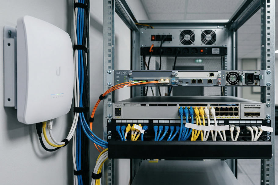 Netzwerkschrank mit Kabeln, Switch, und Access Point für Internetverbindung.