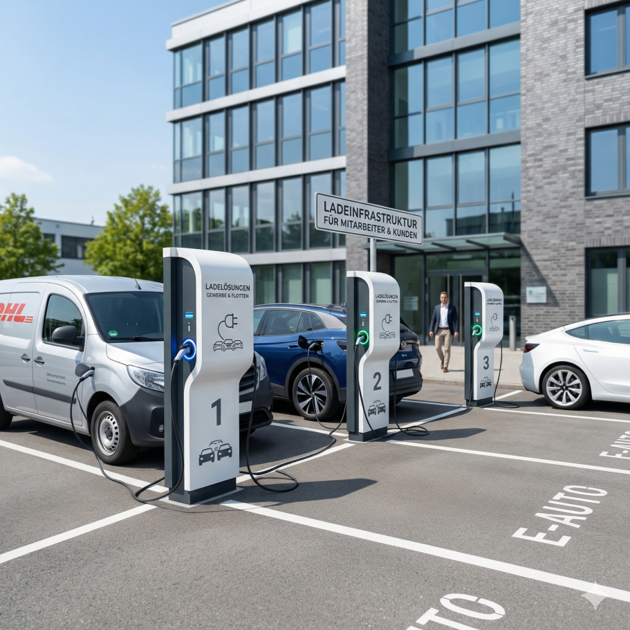 Ladesäulen für Elektrofahrzeuge vor einem modernen Gebäude, mit parkierten Fahrzeugen.