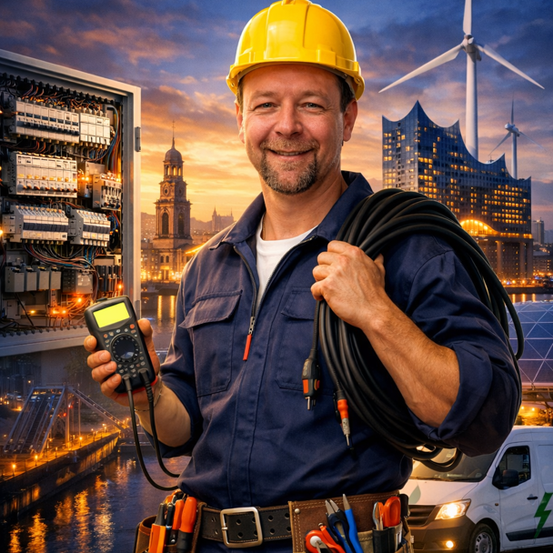 Ein Elektriker mit Kabel und Messgerät, lächelt vor einer Stadtlandschaft bei Sonnenuntergang.