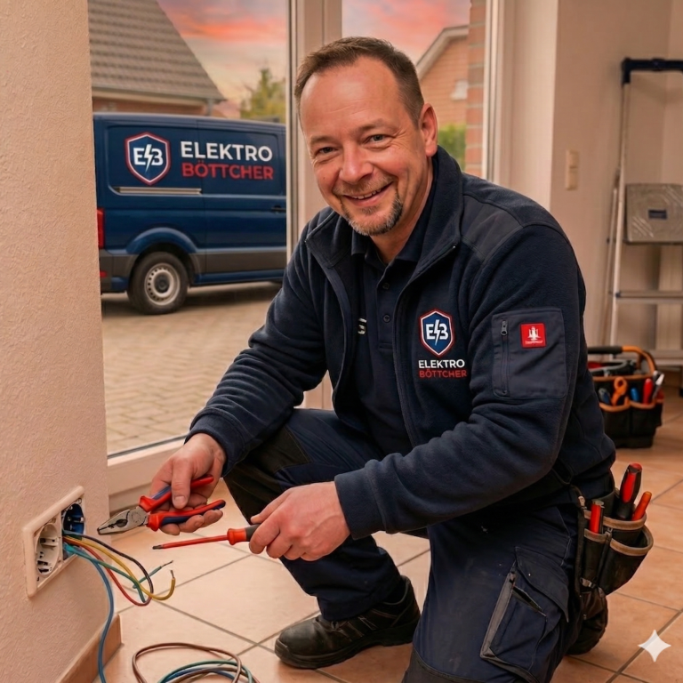 Ein Elektriker arbeitet an einer Wandsteckdose und hält Kabel und Zangen in der Hand.