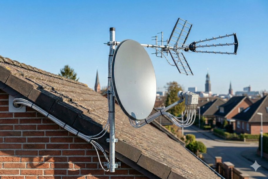 Satellitenschüssel und Antenne auf einem Dach mit Stadtansicht im Hintergrund.