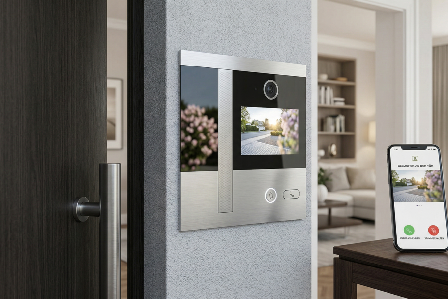 Moderne Gegensprechanlage mit Display und Smartphone-App, installiert neben einer Tür.