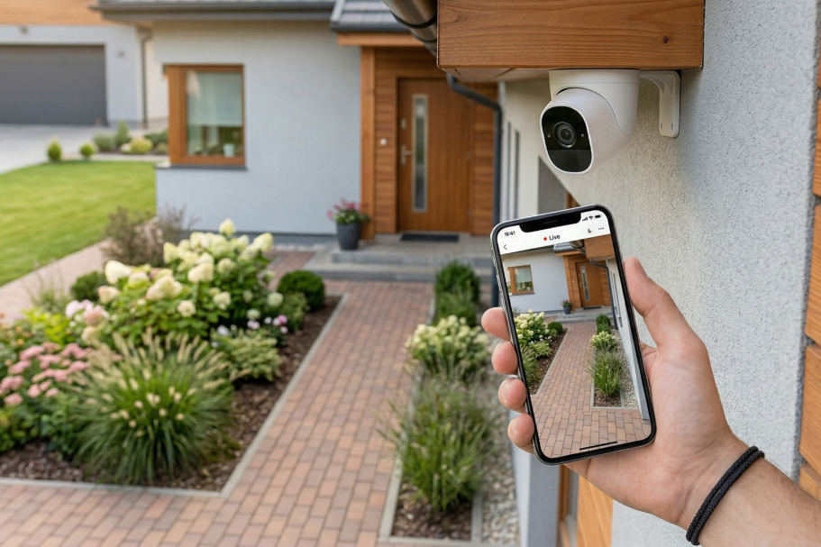 Eine Hand hält ein Smartphone, das das Bild eines Eingangsbereichs zeigt von der Videoüberwachungskamera.