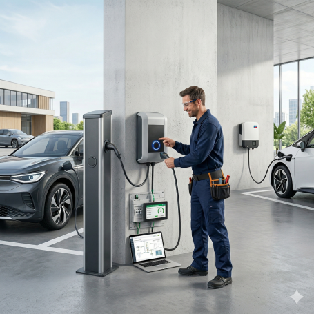 Techniker installiert und konfiguriert diverse E-Auto-Ladestationen (Wallbox & Säule) in einer modernen Tiefgarage.