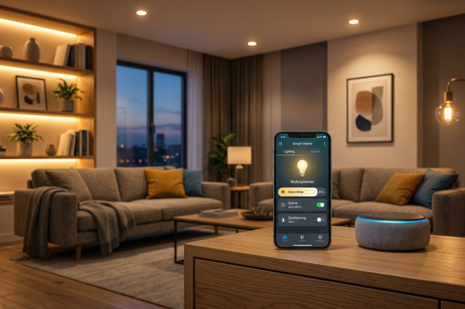 Moderne Wohnzimmer mit Smartphone und smarter Beleuchtung, gemütlicher Sitzgruppe.
