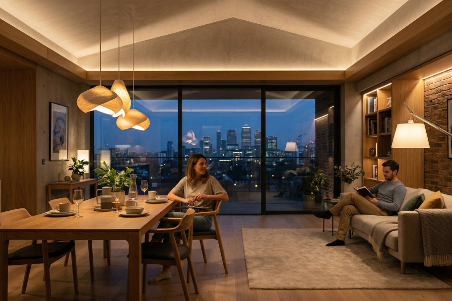 Moderne Wohnraum mit Esstisch, Stadtblick und entspannter Atmosphäre bei Dämmerung.