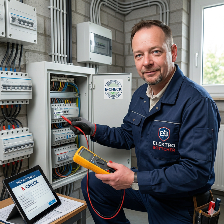 Elektroinstallateur überprüft Geräte in einem Schaltschrank mit einem Multimeter.