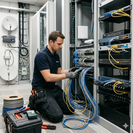 Techniker bei Netzwerkverkabelung im Serverschrank; LAN WLAN & Satellitentechnik für IT-Infrastruktur.