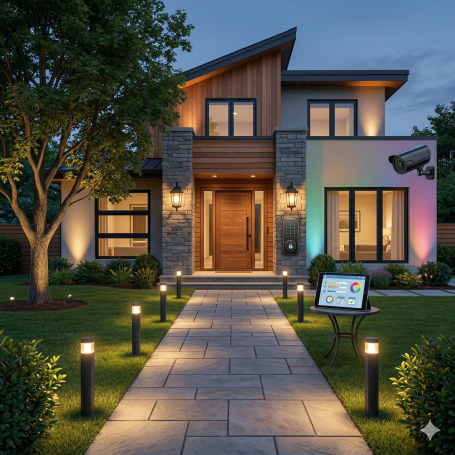 Hausfassade mit smarter Außenbeleuchtung, LED-Lichtkonzepten, Gartenlicht und installierter Not- sowie Sicherheitsbeleuchtung.